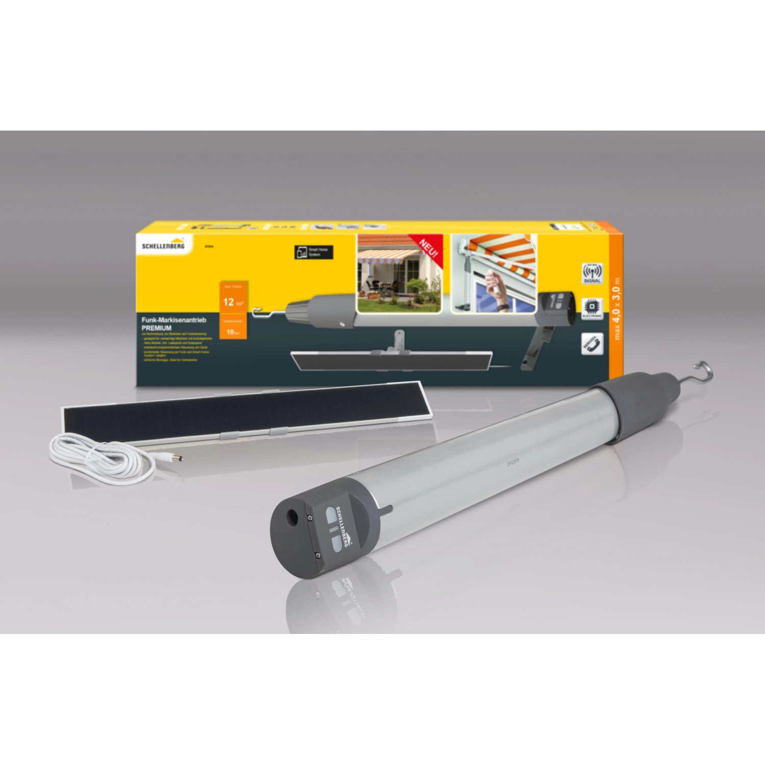 Schellenberg Funk-Markisenantrieb Premium mit Solarpanel, Netzteil und Akku für Smart Home.