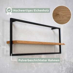 Holz4home Wandregal Long in Schwarz mit Baumkante aus Eichenholz und Metallrahmen.