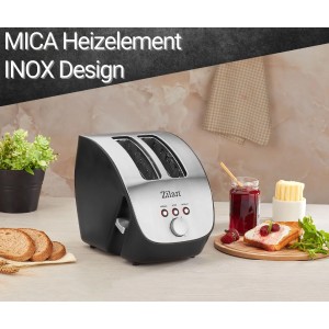 Zilan Schrägtoaster ZLN-2690, 2 Scheiben, Edelstahl, 1000W. Haushaltsgerät mit Brötchen und Toast.