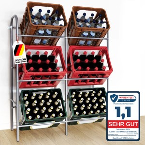 Grauer KARAT Flaschenkastenständer Rocket für 6 Kästen mit braunen, roten und grünen Getränkekästen.