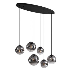 QAZQA Art Deco Hängelampe Douglass, schwarz, mit 6 Rauchglas-Lampenschirmen.