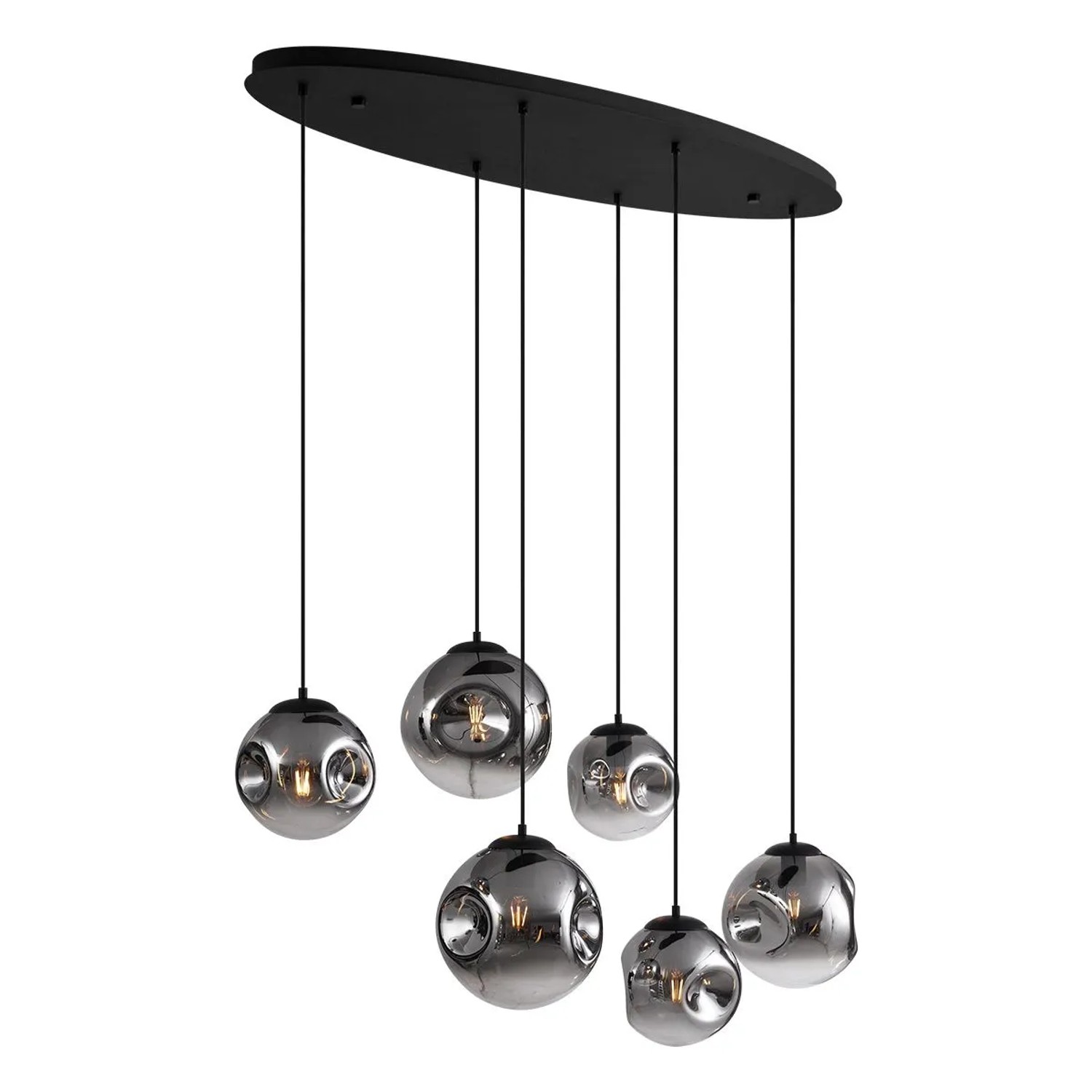 QAZQA Art Deco Hängelampe Schwarz mit Ovaler Deckenplatte und Rauchglas 6 Flammig Douglass