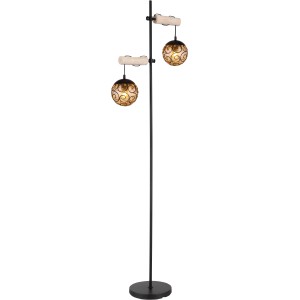 Globo Design-Stehlampe, 2-flammig, schwarz matt mit Holz und amberfarbenen Glasschirmen.