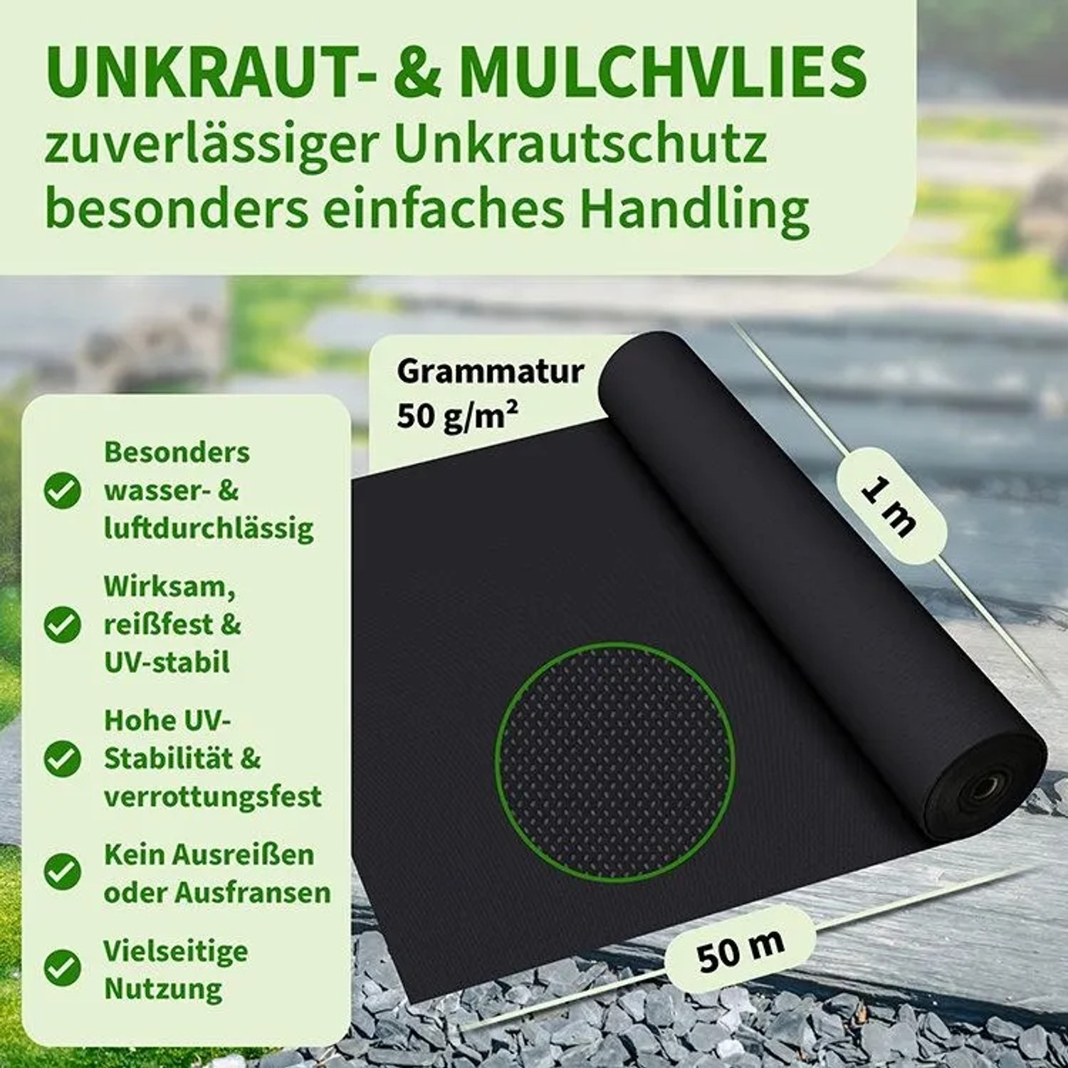 Schwarzes TTL GARDEN Unkrautvlies (50g/m², 1x50m) auf Rolle, ideal für den Garten.