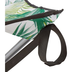 Detailaufnahme Campinghocker Palmelo mit Blattmuster, Stahlgestell und Tragegurt.