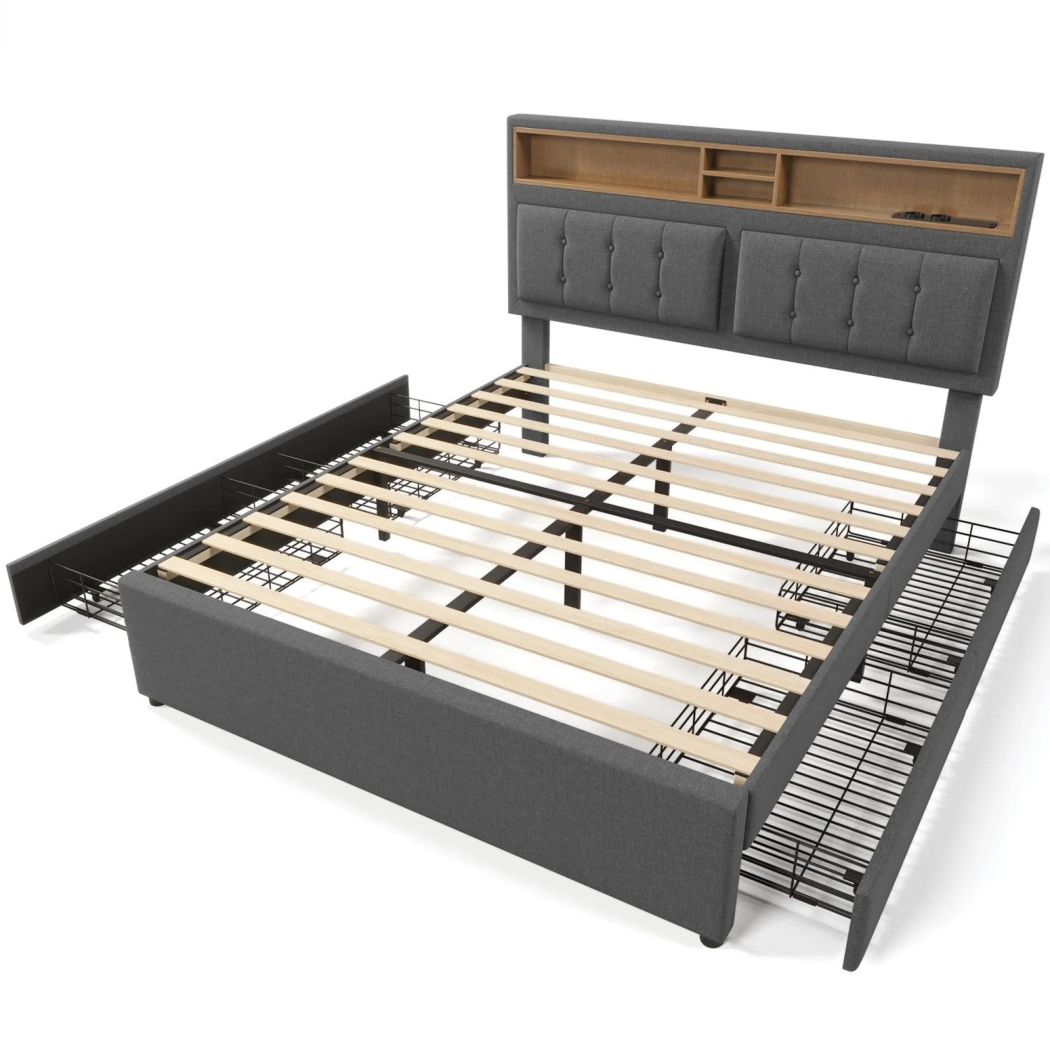 okwish Polsterbett 140x200cm mit Schubladen USB Kopfteil Schlafzimmer Grau ohne Matratze