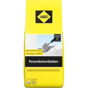 Sakret Porenbetonkleber, grauer Kleber im 5 kg Sack für Porenbetonsteine.