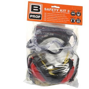 Boels Sicherheitsset: Brille, Staubmaske, Gehörschutz, Handschuhe für Arbeitsschutz.