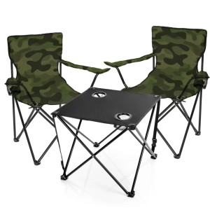 BigDean Campingmöbel Set: Tisch schwarz, zwei Stühle mit Camouflage-Muster. Faltbar und leicht.