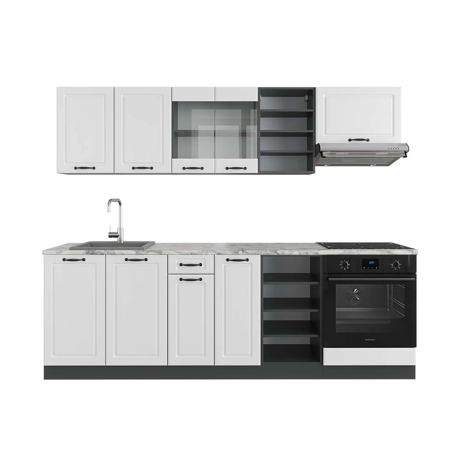 Vicco R-Line Küchenzeile Weiß Landhaus/Anthrazit 240 cm AP Marmor günstig online kaufen
