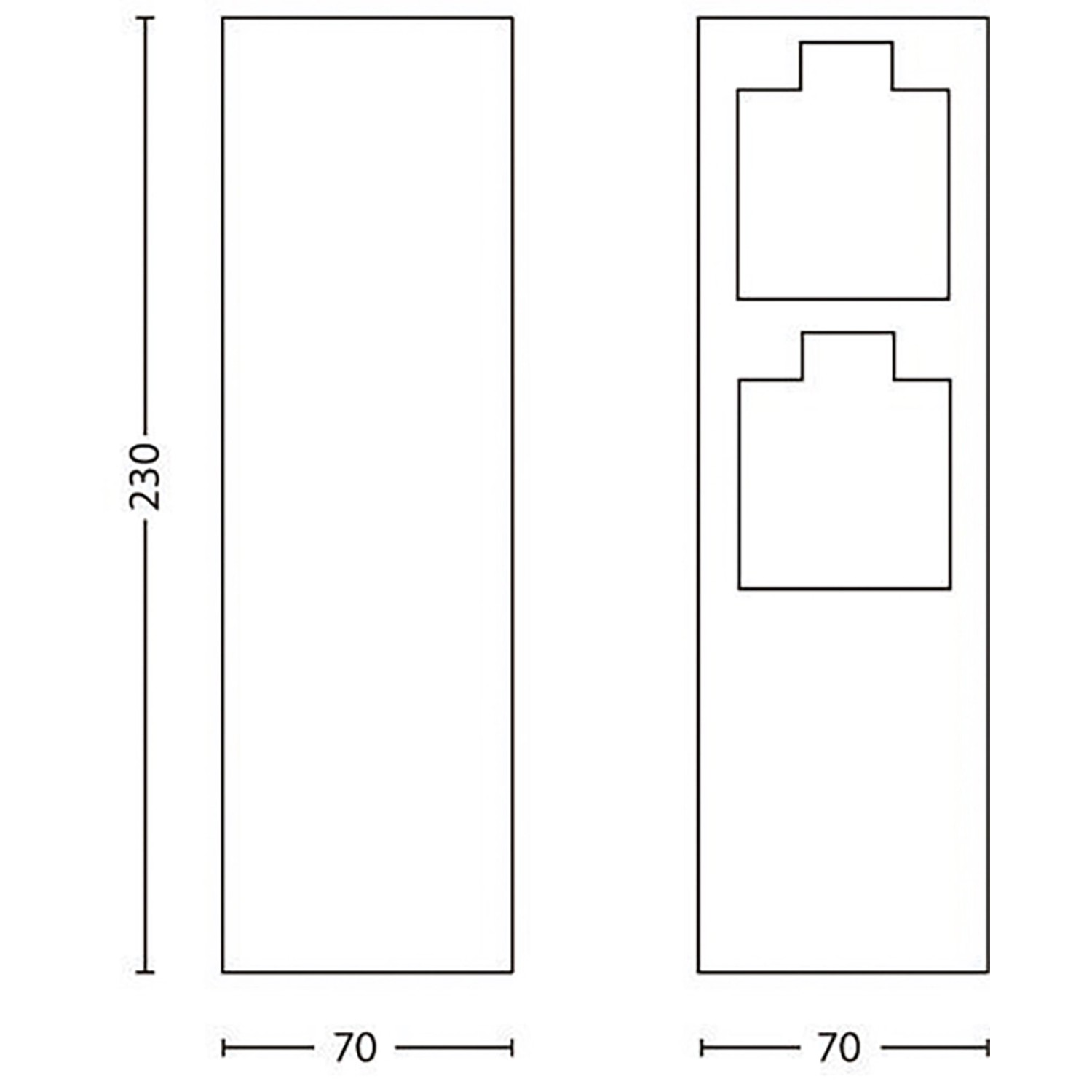 Skizze: Philips Auckland Sockel-Doppelsteckdose für Außen, Maße 23,2x7,2cm, Edelstahl.