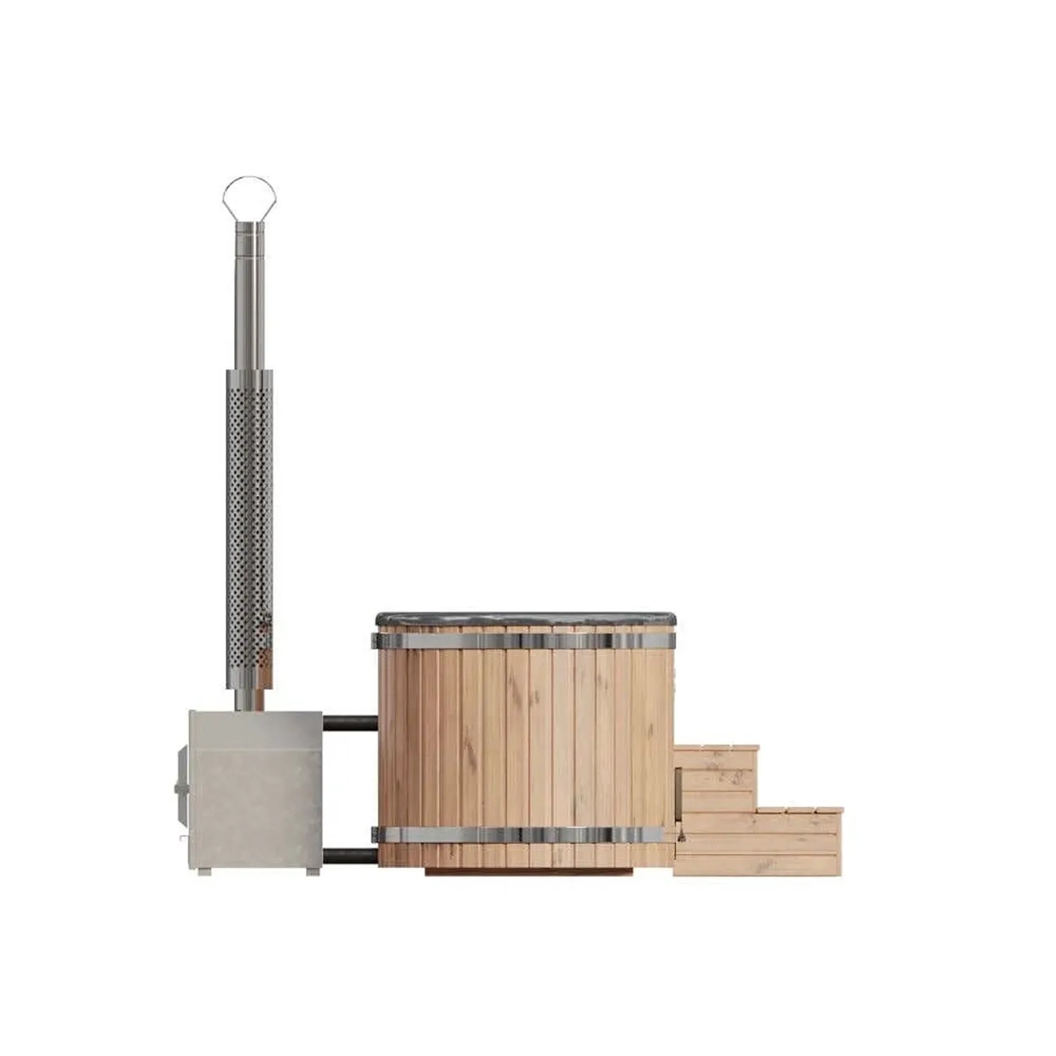 Finntherm Hot Tub Stockholm Anthrazit Ø 200 cm aus Thermoholz mit Ofen und Treppe.