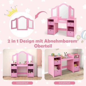 Costway Kinder Schminktisch 2 In 1 mit Spiegel & Aufbewahrungsboxen Rosa