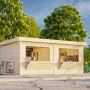 Palmako Marktstand Lenna Set, 588x300 cm, weiß lackiert. Weekendhaus mit Verkaufsklappen und Tür.