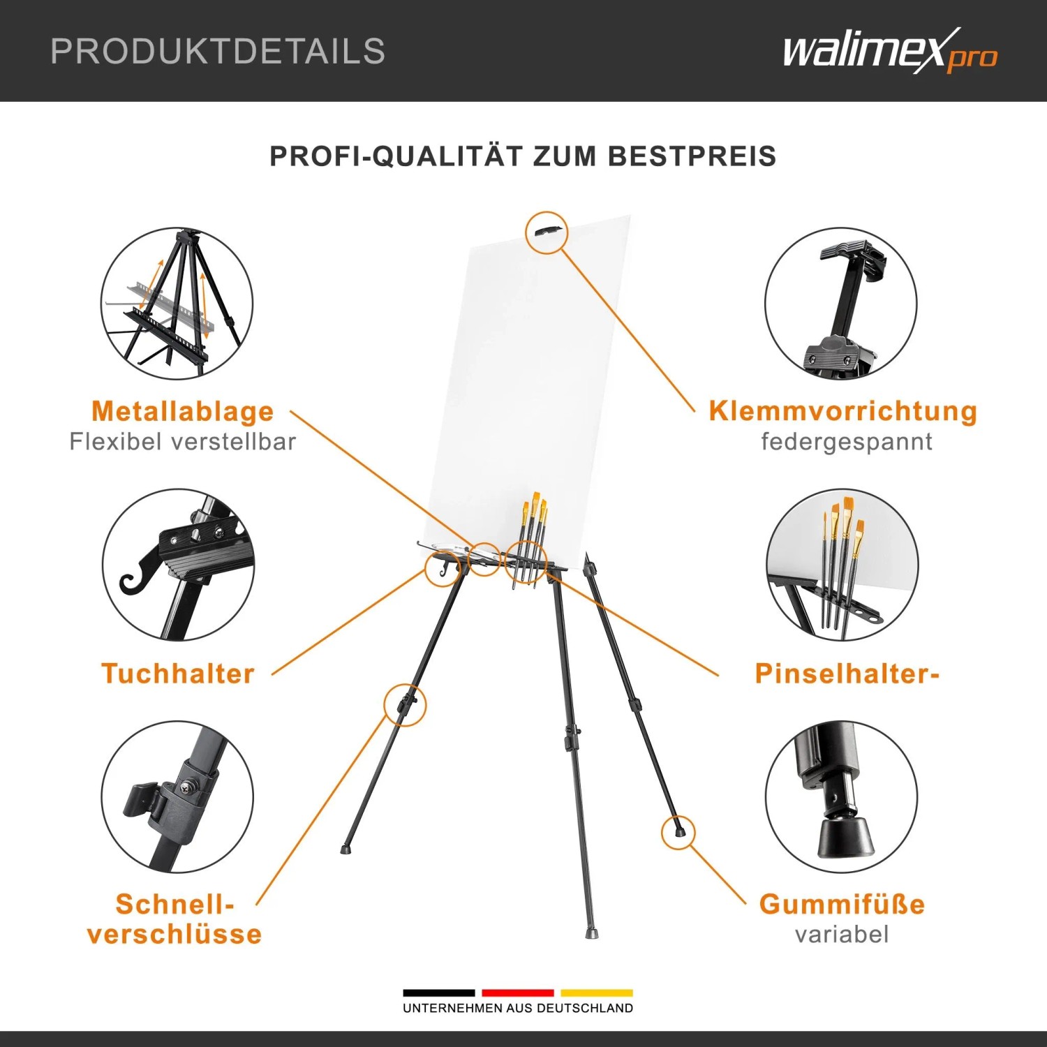 Walimex Pro Aluminium Feldstaffelei mit Leinwand, verstellbarer Ablage, Pinselhalter, Schnellverschlüssen, Gummifüßen.