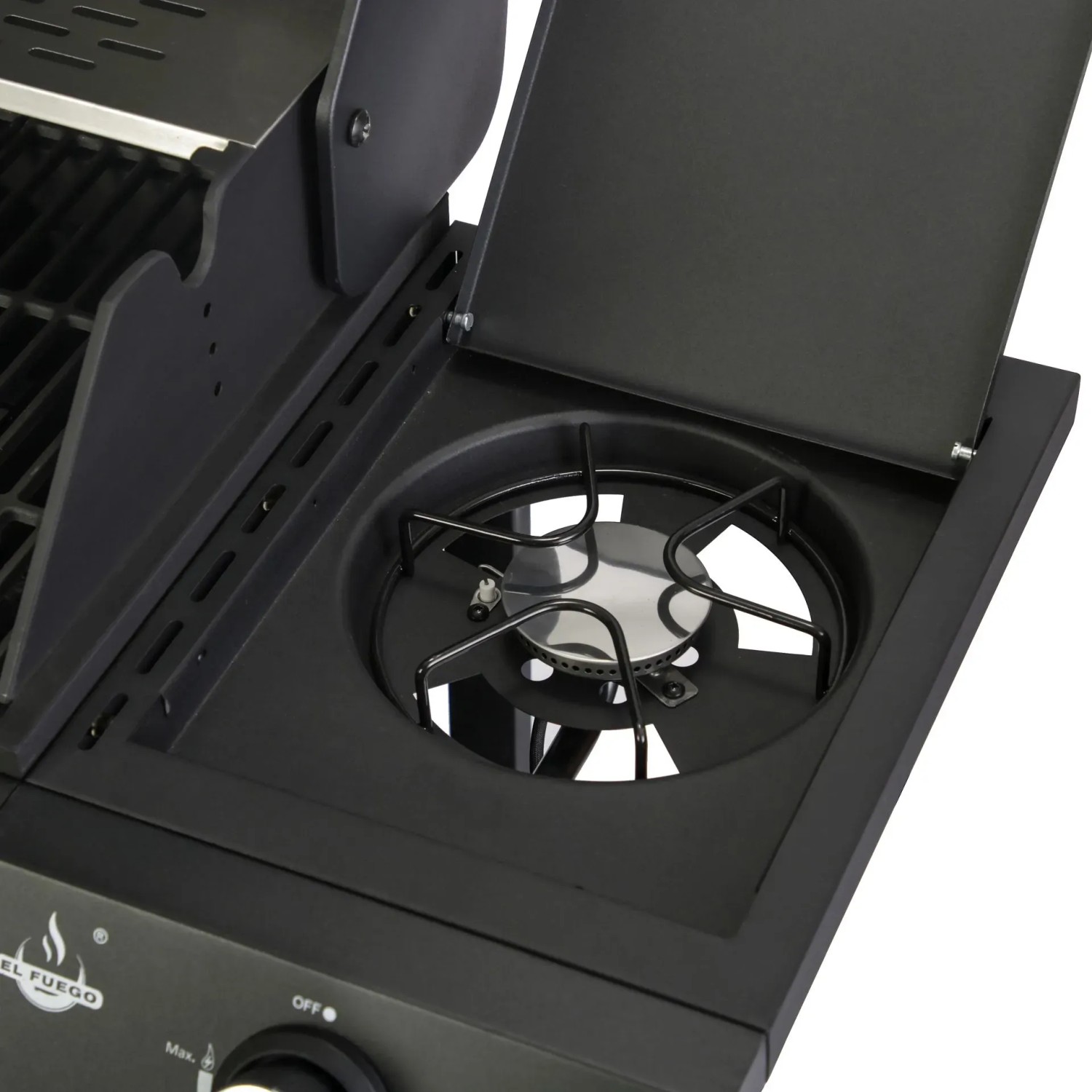 Detailaufnahme des Seitenbrenners vom El Fuego Gasgrill San Angelo.