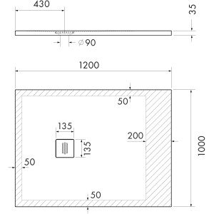 Technische Zeichnung Ottofond Duschwanne Extraflach Nevis, 120x100 cm, rechteckig, mit Maßen.