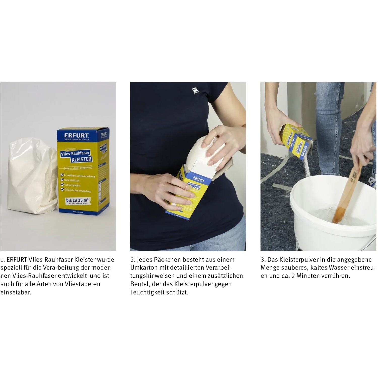 Erfurt Vlies-Rauhfaser-Kleister 200g: Packung, Anmischen des Kleisters im Eimer.