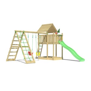 Jungle Gym Spielturm mit Doppelschaukel, Kletterbock und hellgrüner Rutsche.