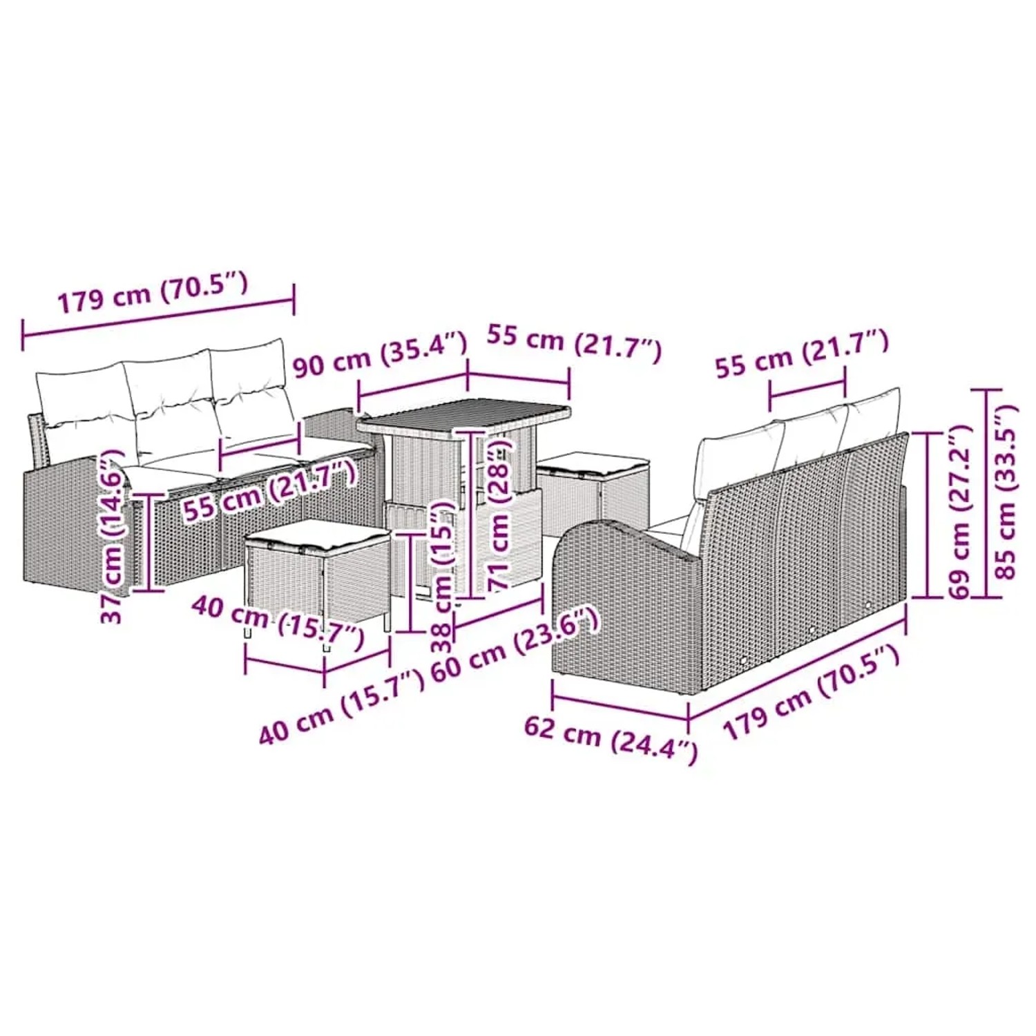 vidaXL Gartenmöbel-Set, 9-teilig, beige Poly Rattan, mit Maßen der Einzelteile.