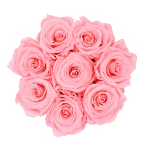 Rosenbox mit 9 rosa Rosen (Ø 14,5 cm) in schwarzer Box mit roségoldenen Details.