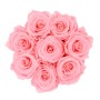 Rosenbox mit 9 rosa Rosen (Ø 14,5 cm) in schwarzer Box mit roségoldenen Details.