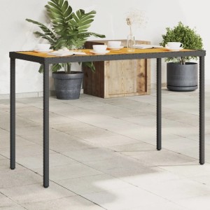 Schwarzer vidaXL Gartentisch mit Akazienholz-Platte und Poly Rattan Gestell.