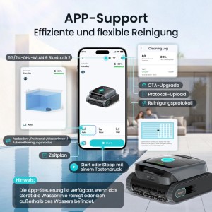 Aiper Scuba S3 Roboter-Poolreiniger mit App-Steuerung. Smartphone zeigt WLAN, Bluetooth, Reinigungsmodi für Poolboden, Wände, Wasserlinie.