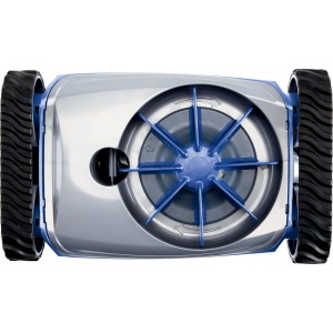Zodiac MX6 Poolroboter, Unterseite mit blauen Turbinenrädern und Reifen.