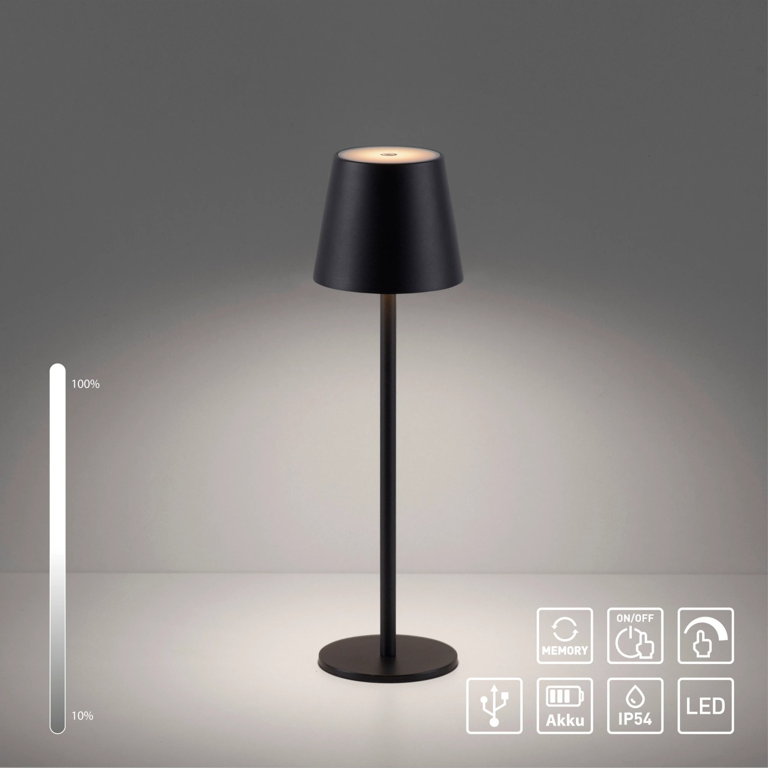 Schwarze LED-Akku-Tischleuchte Euria, 37 cm hoch, dimmbar, für Innen- und Außenbereich.