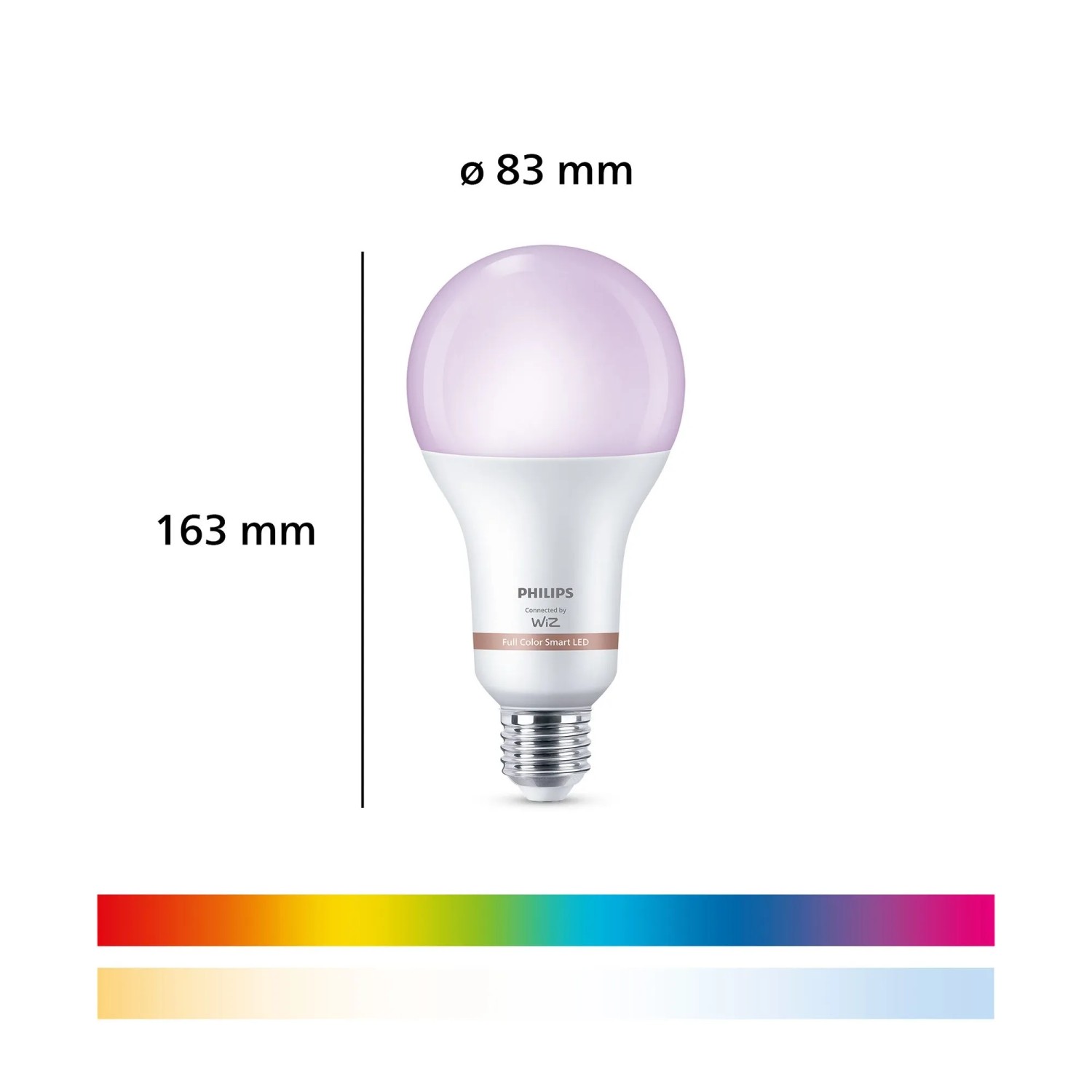 Philips Smart-LED-Leuchtmittel E27, Standardform, leuchtet violett. Maße 16,3x8,3 cm, zeigt RGB- und Weißlichtspektrum.