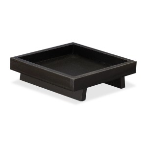 Quadratischer Zen Garten aus Holz, schwarz/bronze, mit Buddhafigur. Dekorative Figur für Entspannung.
