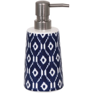 Seifenspender Ikat aus Keramik in Blau-Weiß mit Pumpkopf.