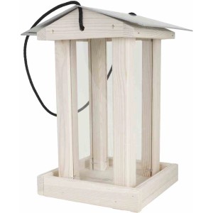 Siena Garden Vogelfutterspender aus Kiefernholz, weiß und silberfarben, mit Dach und Aufhängung.