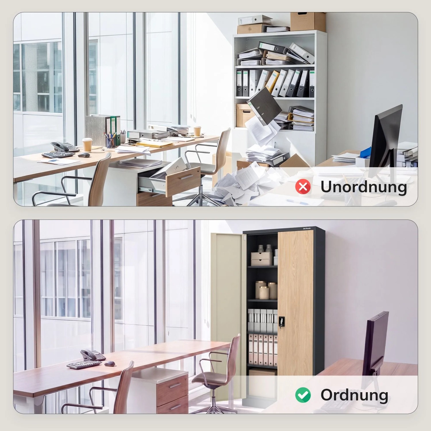 JAN NOWAK Büro-Aktenschrank Anthrazit/Eiche Sonoma. Kontrast: Unordentliches Büro vs. ordentliches Büro mit dem Metall-Aktenschrank.