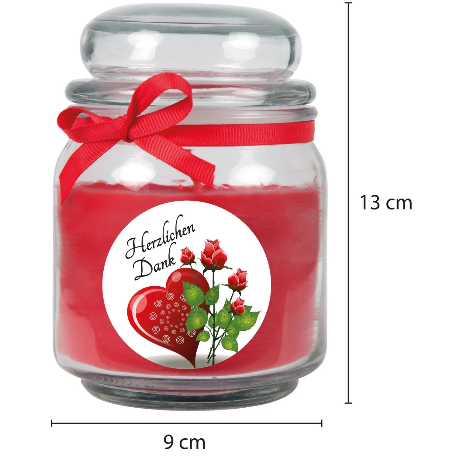 Rote HS Candle Duftkerze "Danke" im Glas mit Schleife und Rosen-Motiv.