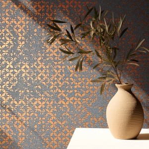 Anthrazitfarbene Marburg Vliestapete mit grafischem Sternenmuster und Glanz.