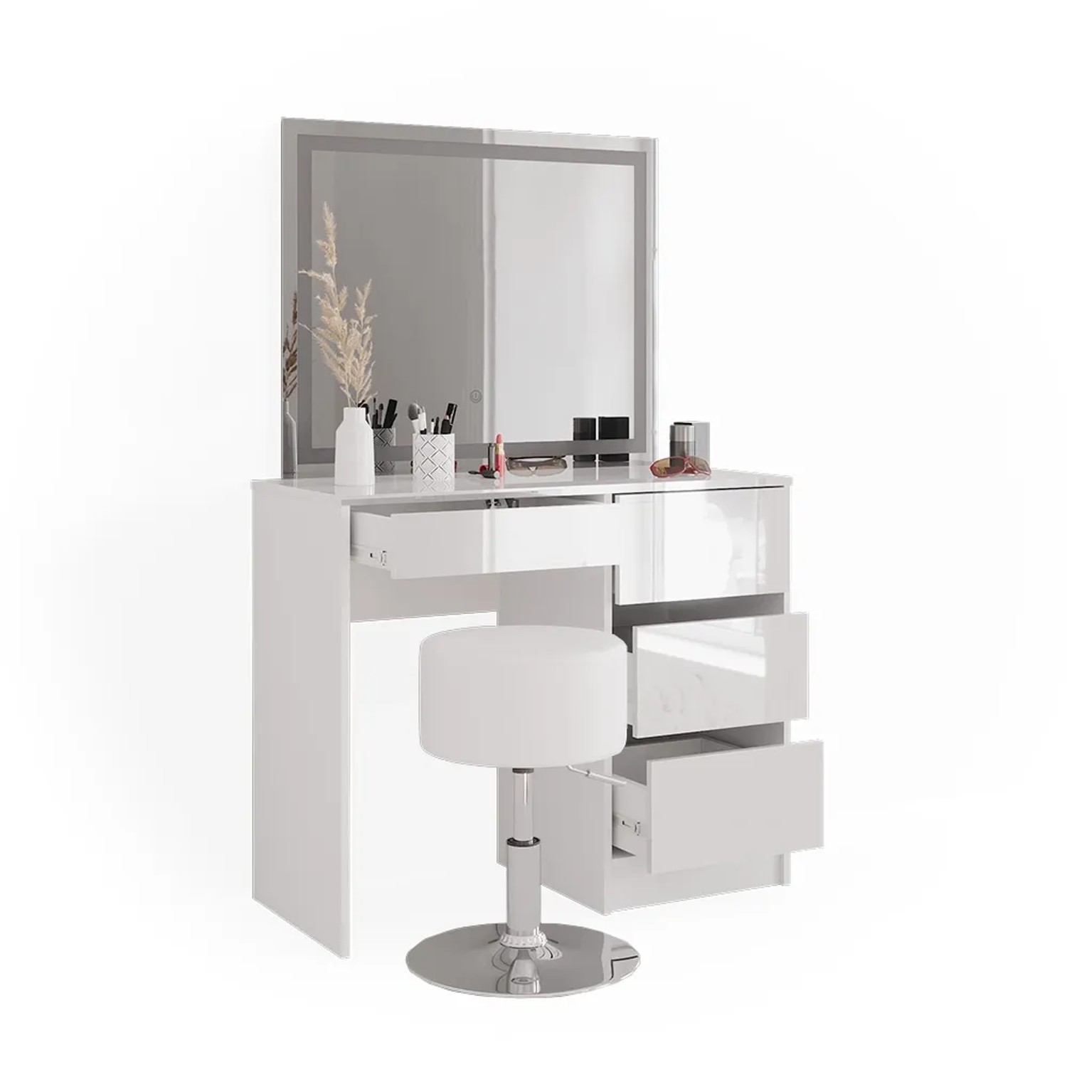 Weißer Vicco Schminktisch Sherry mit LED-Spiegel und Hocker, Hochglanz Optik.