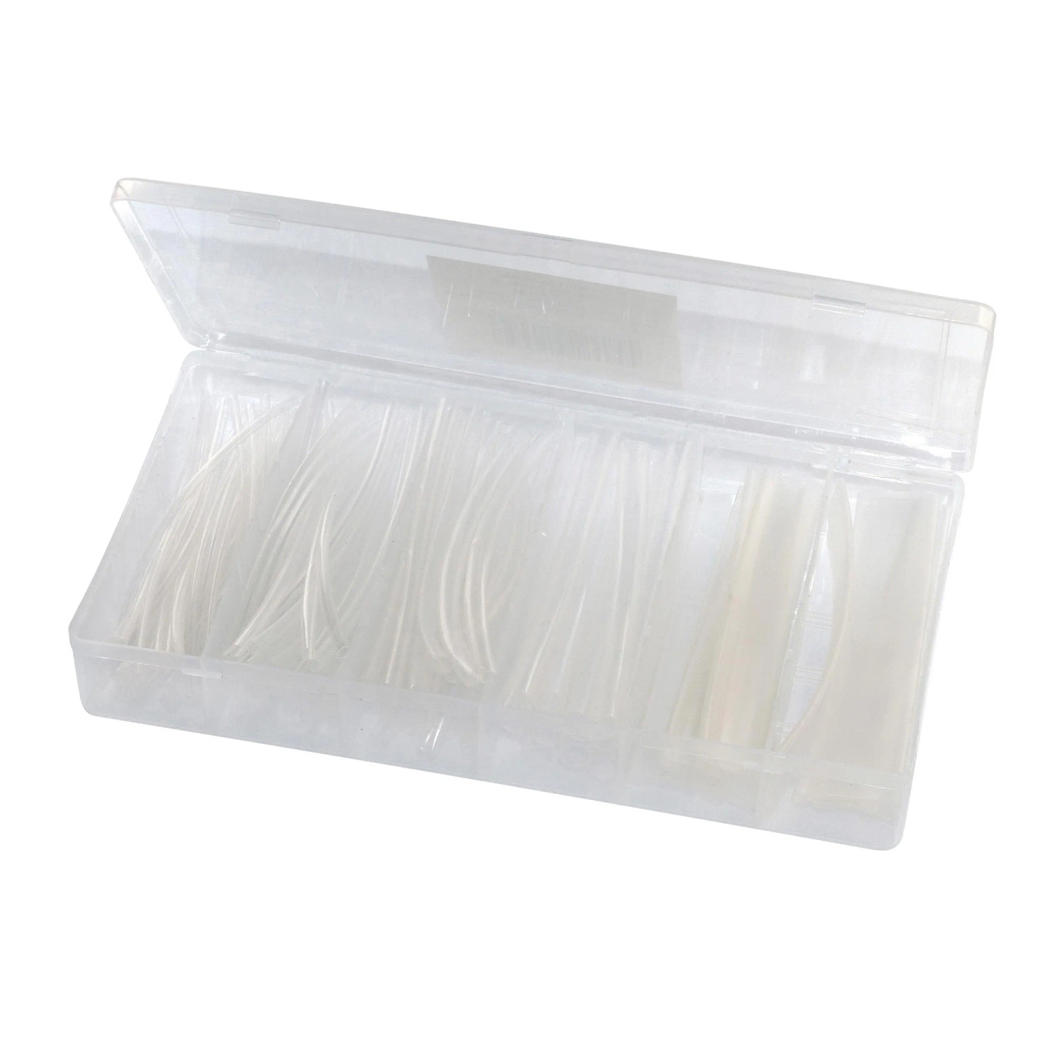 Transparentes Schrumpfschlauch-Set, 100 Stück in Sortierbox für Elektroinstallation.