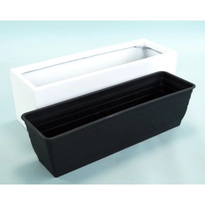 Rechteckiger Pflanzkübel aus perlmutt-weißem Fiberglas mit schwarzem Pflanzeinsatz. Modern, elegant, für innen & außen.