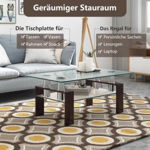 Costway Couchtisch aus Glas, brauner Wohnzimmertisch mit Ablage.