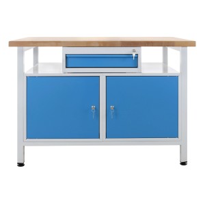 PROREGAL Werkbank Rhino, lichtgraues Gestell, blaue Türen und Schublade, Buchenholzplatte.