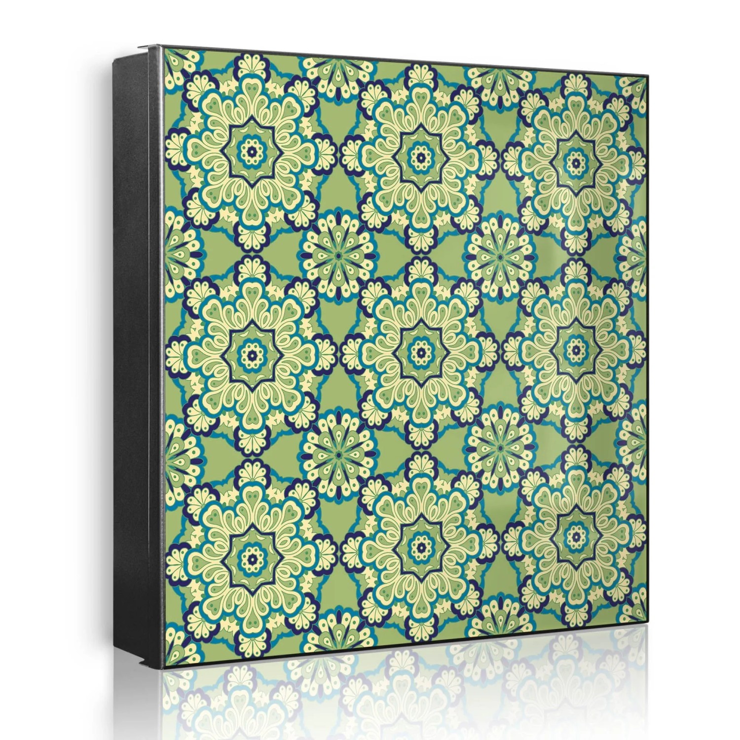 Banjado Großer Schlüsselkasten Metall 30x30cm Schwarz Scharnier Links 50 Haken Beschreibbar Magnetisch Motiv Kaleidoscop Grün