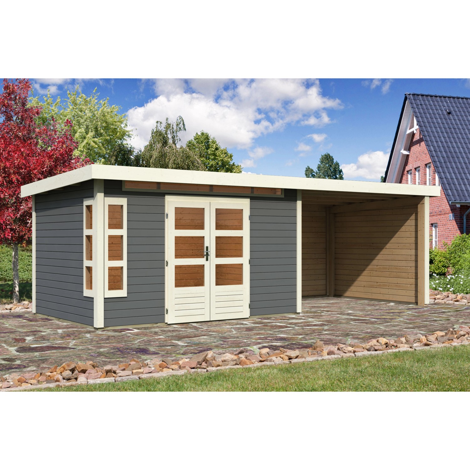 Karibu Holz-Gartenhaus/Gerätehaus Kastberg Terragrau Flachdach Lackiert 360 cm x 240 cm