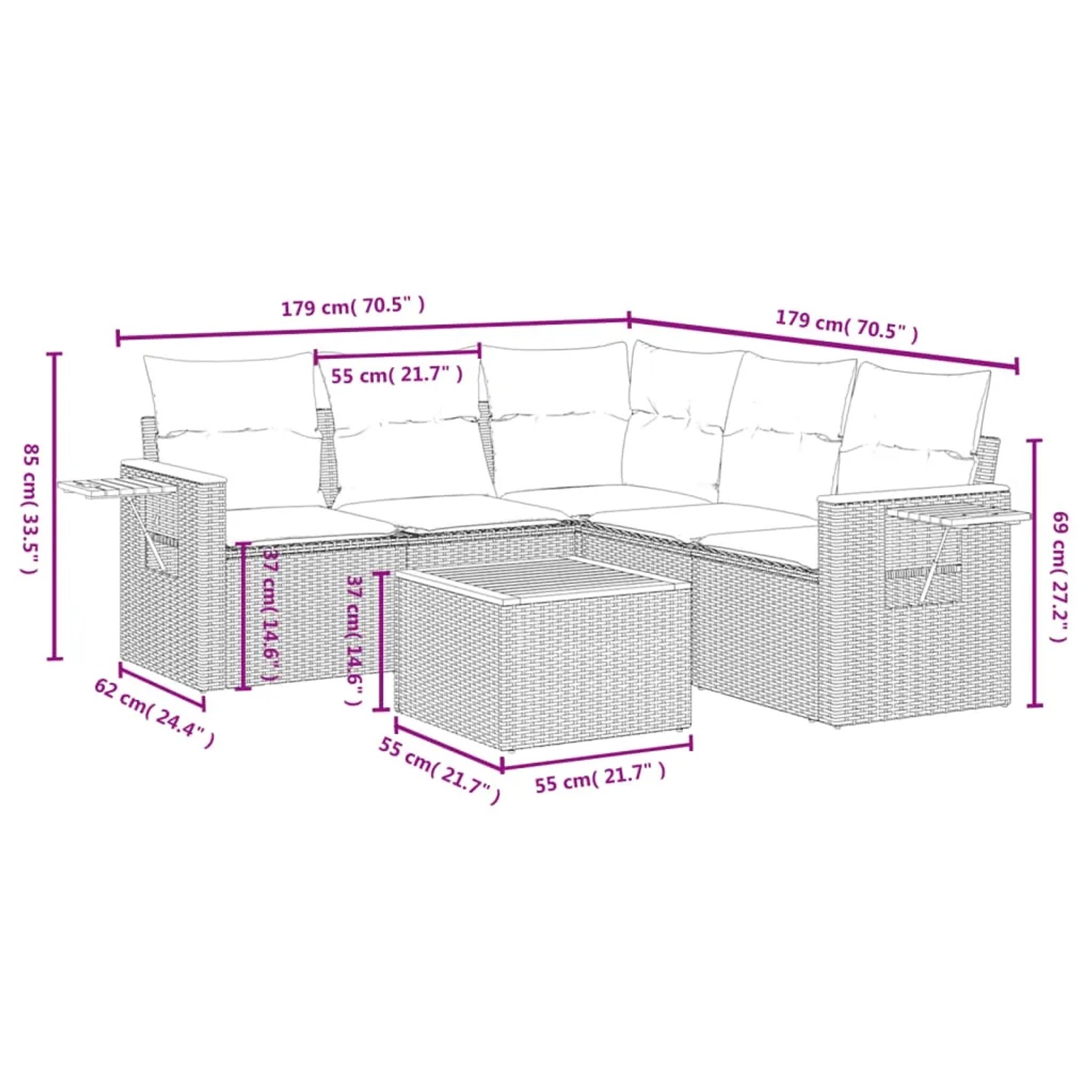 Graue 6-tlg. vidaXL Garten-Sofagarnitur aus Polyrattan mit Tisch und Kissen, Maße eingezeichnet.