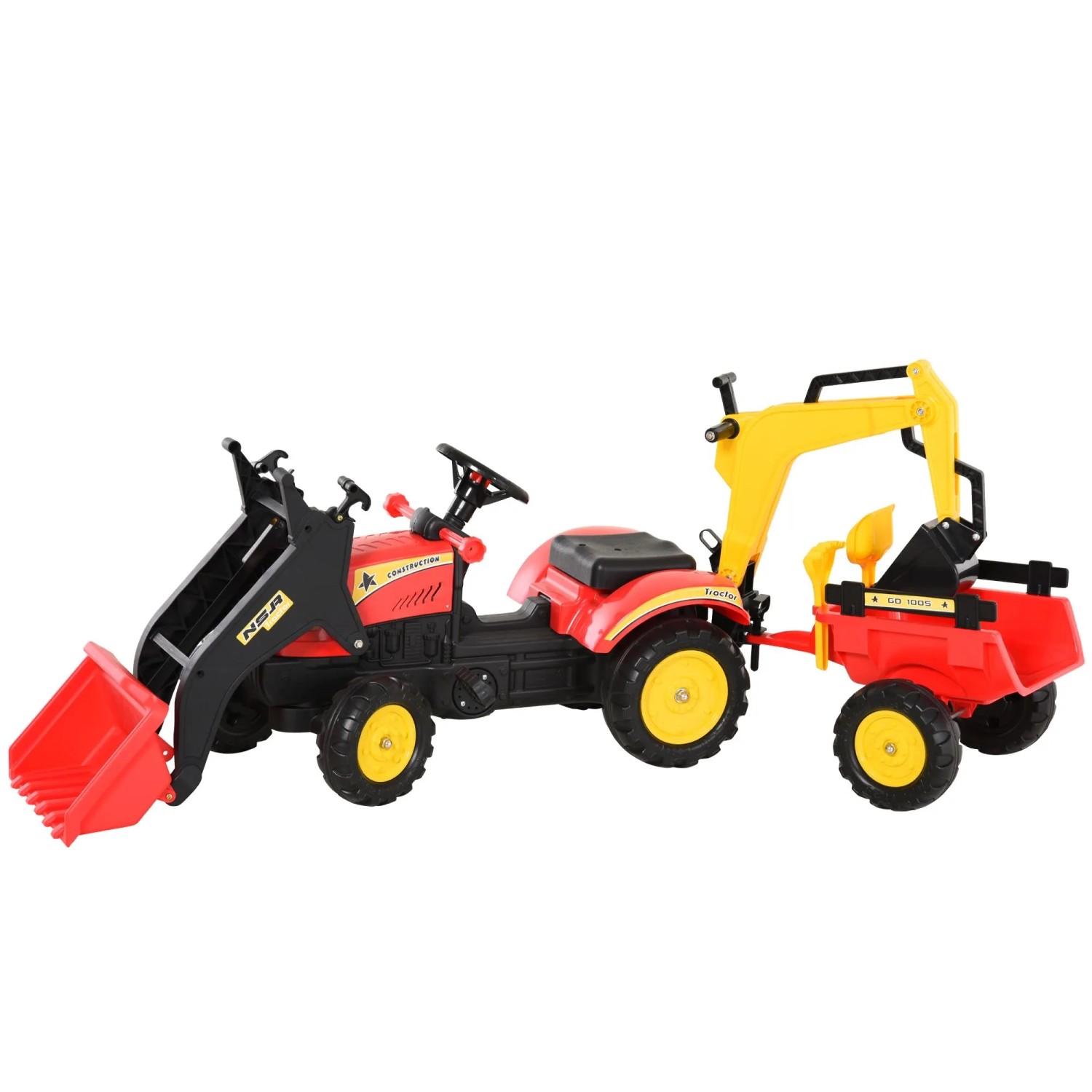 HOMCOM Rutscher Kinderauto mit Anhänger, Frontlader, verstellbarer Schaufel, (Kinderfahrzeug, 1-tlg., Kindertrettraktoren), Stahl Kunststoff Rot 179 x 42 x 59 cm