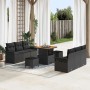 Schwarzes 9-teiliges vidaXL Garten-Sofa-Set aus Poly Rattan mit Tisch und Hockern.