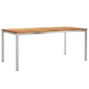 Moderner Outdoor-Esstisch aus massivem Teakholz, braun, mit robustem Edelstahlgestell, 180x90cm.