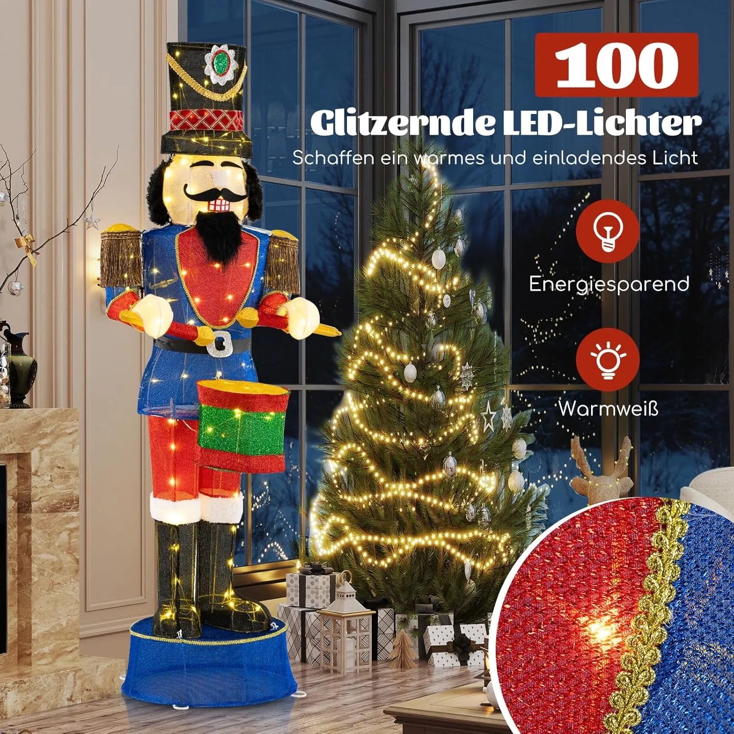Große 185 cm Weihnachts-Nussknackerfigur als Soldat mit Trommel, beleuchtet mit 100 LED-Lichtern, festliche Weihnachtsdeko.