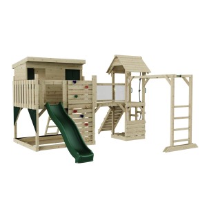 OutdoorToys Spielturm Isak mit dunkelgrüner Rutsche, Kletterwand und Hangelstange.
